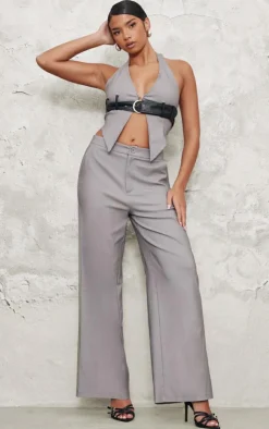 Best PrettyLittleThing Contrast Faux Leather Belt Halterneck Top Grey