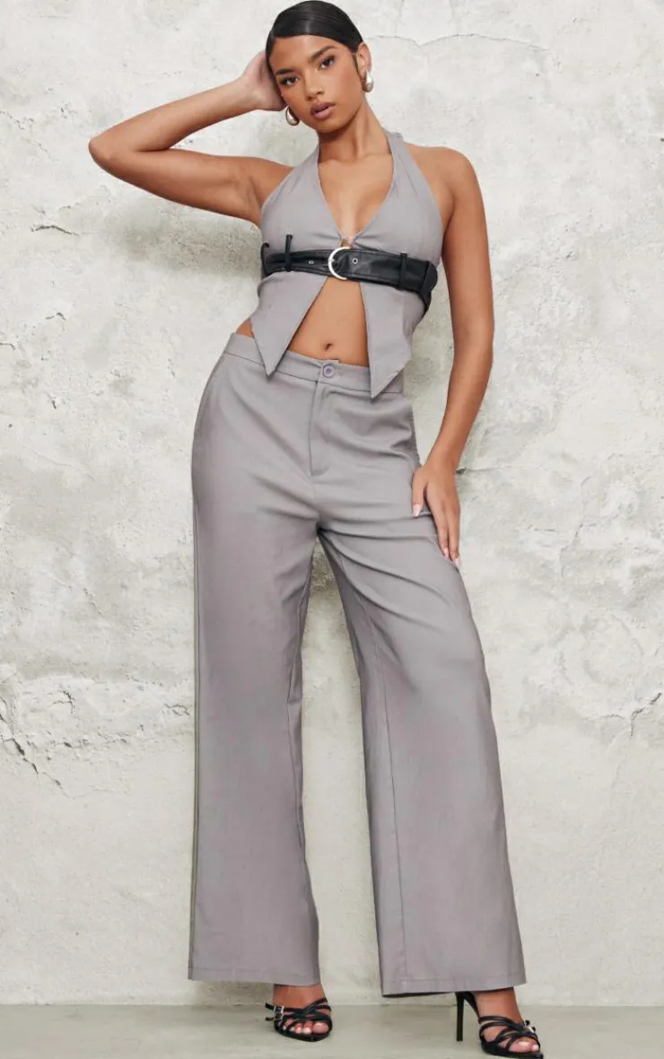 Best PrettyLittleThing Contrast Faux Leather Belt Halterneck Top Grey