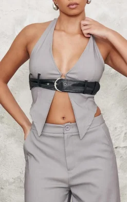 Best PrettyLittleThing Contrast Faux Leather Belt Halterneck Top Grey