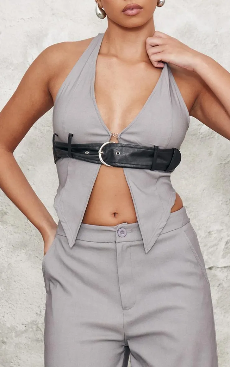 Best PrettyLittleThing Contrast Faux Leather Belt Halterneck Top Grey