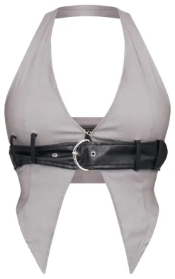 Best PrettyLittleThing Contrast Faux Leather Belt Halterneck Top Grey