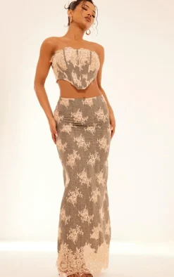 Sale PrettyLittleThing Contrast Lace Detail Maxi Skirt Grey