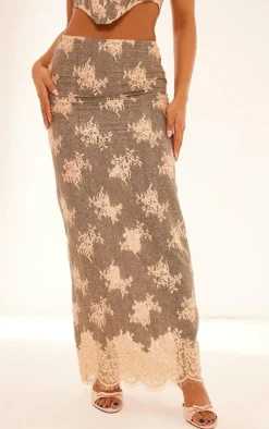 Sale PrettyLittleThing Contrast Lace Detail Maxi Skirt Grey
