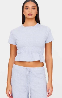 Hot PrettyLittleThing Cotton Ruched Detail Crop Top Grey