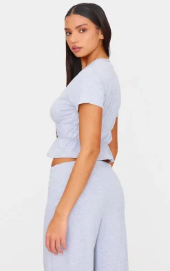 Hot PrettyLittleThing Cotton Ruched Detail Crop Top Grey