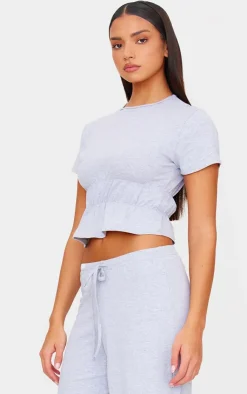 Hot PrettyLittleThing Cotton Ruched Detail Crop Top Grey