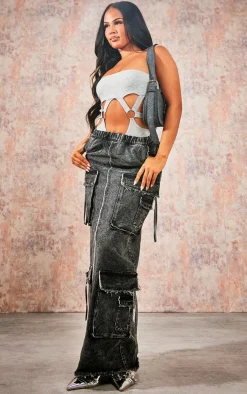 Denim Cargo Maxi Skirt-PrettyLittleThing New