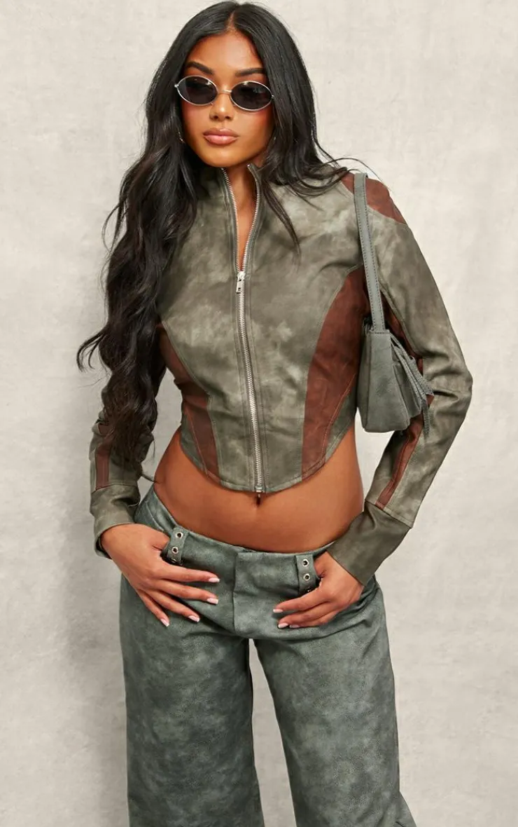 PrettyLittleThing Faux Leather Jackets*Dip Front Panelled Faux Leather Biker Jacket