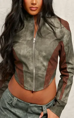 PrettyLittleThing Faux Leather Jackets*Dip Front Panelled Faux Leather Biker Jacket