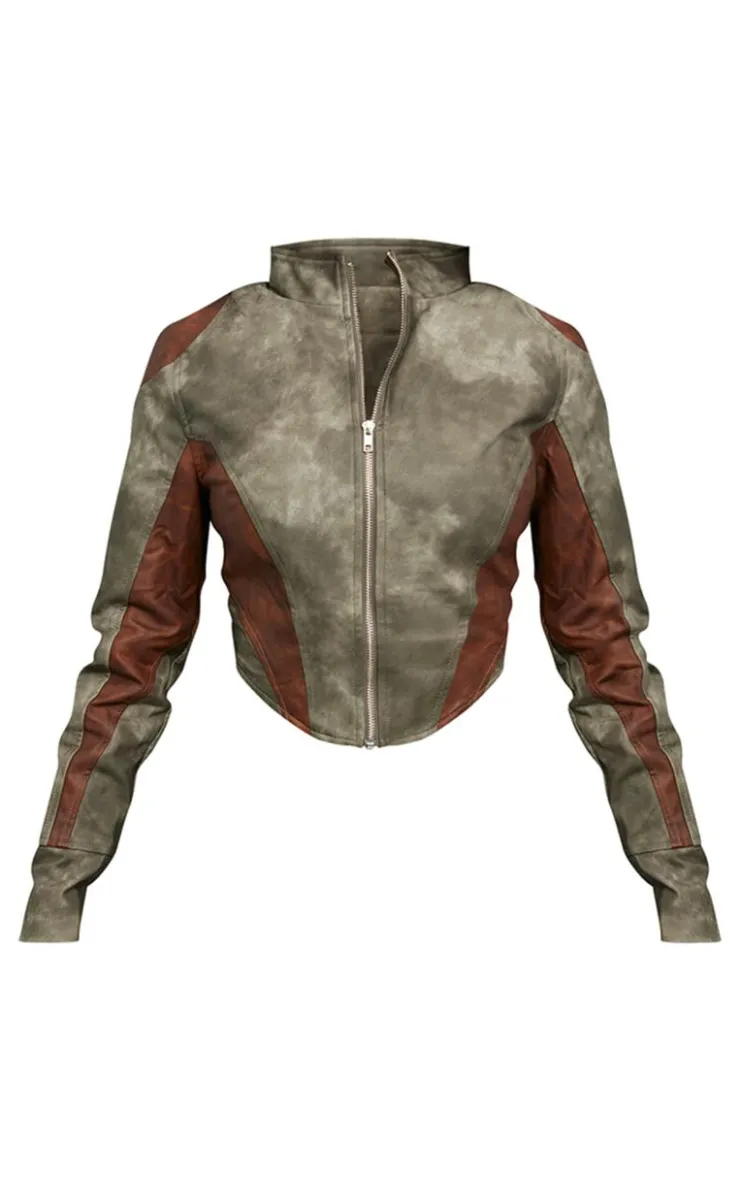 PrettyLittleThing Faux Leather Jackets*Dip Front Panelled Faux Leather Biker Jacket