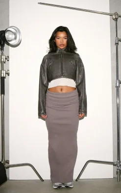 PrettyLittleThing Faux Leather Jackets*Distressed Faux Leather Cropped Zip Front Biker Jacket
