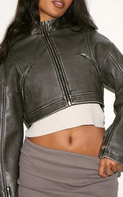 PrettyLittleThing Faux Leather Jackets*Distressed Faux Leather Cropped Zip Front Biker Jacket