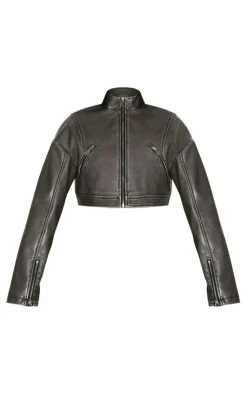 PrettyLittleThing Faux Leather Jackets*Distressed Faux Leather Cropped Zip Front Biker Jacket