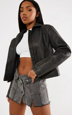 PrettyLittleThing Faux Leather Jackets*Distressed Look Faux Leather Boxy Fit Biker Jacket