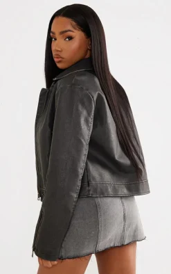 PrettyLittleThing Faux Leather Jackets*Distressed Look Faux Leather Boxy Fit Biker Jacket