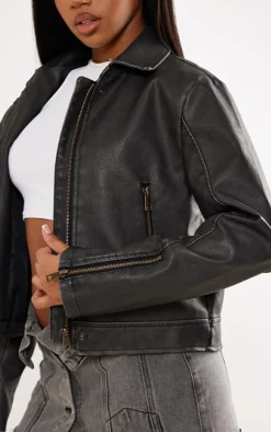 PrettyLittleThing Faux Leather Jackets*Distressed Look Faux Leather Boxy Fit Biker Jacket