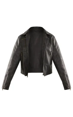PrettyLittleThing Faux Leather Jackets*Distressed Look Faux Leather Boxy Fit Biker Jacket