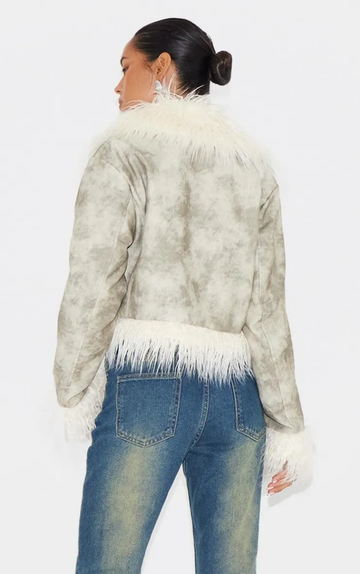 PrettyLittleThing Faux Fur Coats*Distressed PU Faux Fur Cuff And Collar Jacket