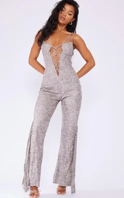Distressed PU Lace Up Detail Tassel Flared Jumpsuit-PrettyLittleThing Discount