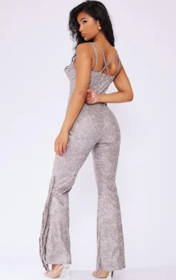 Distressed PU Lace Up Detail Tassel Flared Jumpsuit-PrettyLittleThing Discount