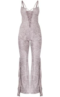 Distressed PU Lace Up Detail Tassel Flared Jumpsuit-PrettyLittleThing Discount