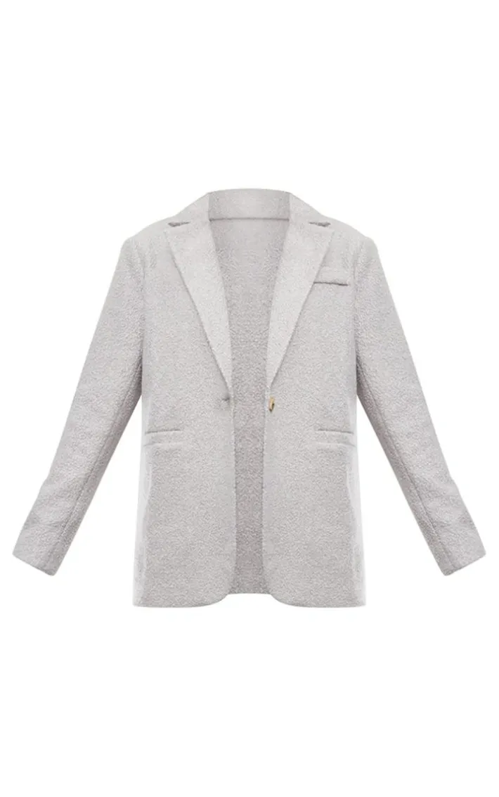 Grey Double Breasted Boucle Borg Blazer
