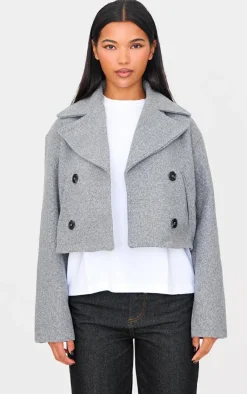 PrettyLittleThing Trench Coats*Double Breasted Wool Look Cropped Trench Coat