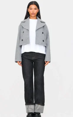 PrettyLittleThing Trench Coats*Double Breasted Wool Look Cropped Trench Coat