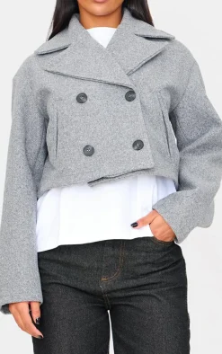 PrettyLittleThing Trench Coats*Double Breasted Wool Look Cropped Trench Coat