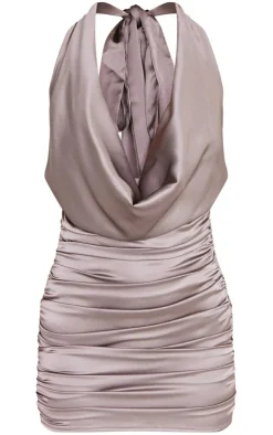 Extreme Cowl Tie Neck Ruched Satin Bodycon Dress-PrettyLittleThing