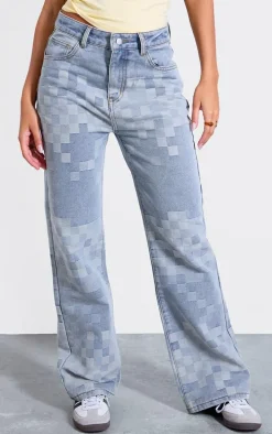 Grey Faded Digital Checkerboard Denim Jeans