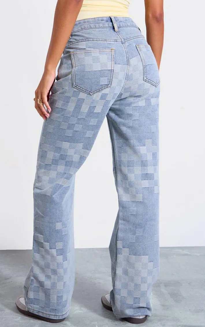 Grey Faded Digital Checkerboard Denim Jeans