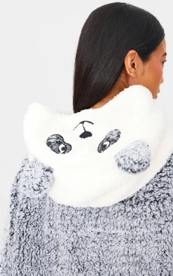 Grey Fleece Panda Applique Hooded Blanket
