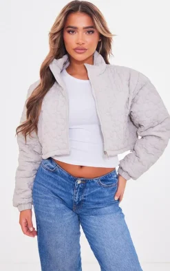PrettyLittleThing Puffer Jackets*Floral Embossed Cropped Padded Jacket