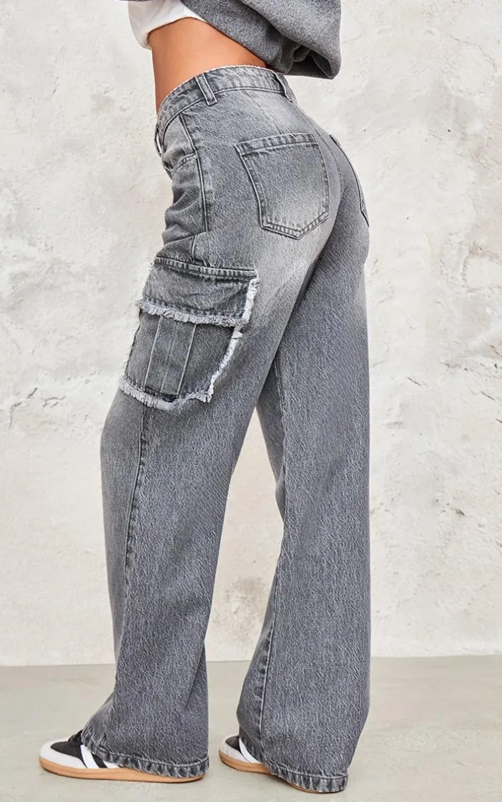 Grey Frayed Seam Cargo Pocket Boyfriend Jeans