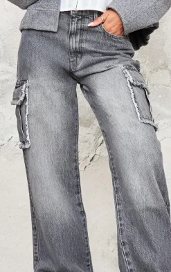 Grey Frayed Seam Cargo Pocket Boyfriend Jeans