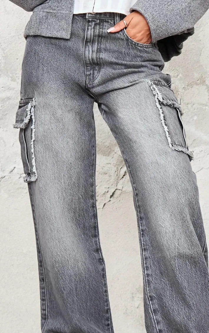 Grey Frayed Seam Cargo Pocket Boyfriend Jeans