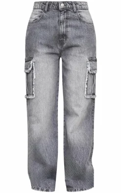 Grey Frayed Seam Cargo Pocket Boyfriend Jeans