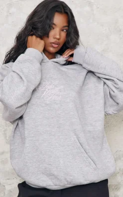 Grey Italic Embroidered Oversized Hoodie