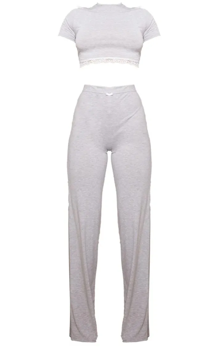Grey Jersey Lace Trim Long Pj Set