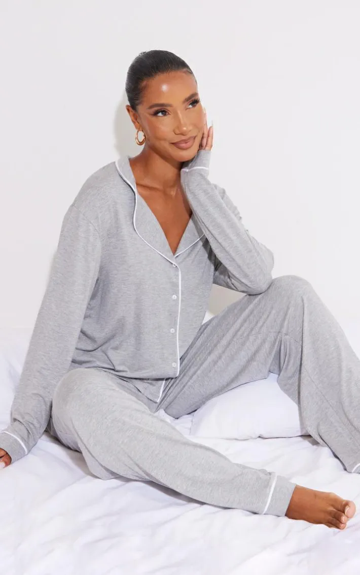 Grey Jersey Piping Detail Long PJ Set