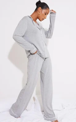 Grey Jersey Piping Detail Long PJ Set