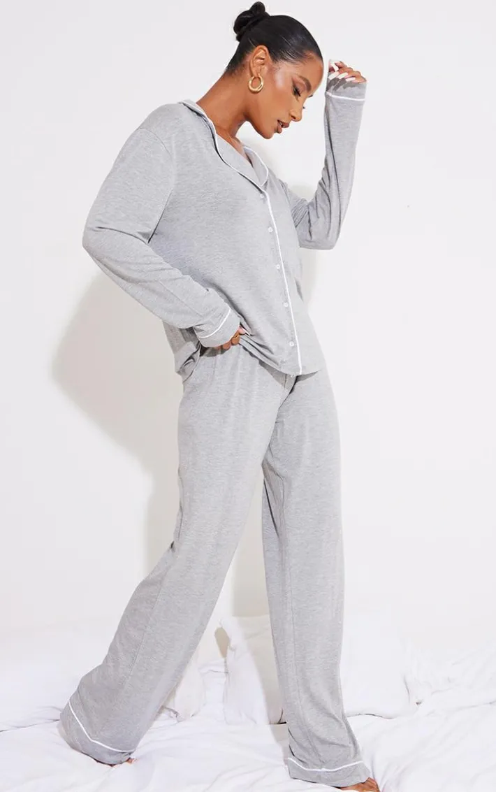 Grey Jersey Piping Detail Long PJ Set