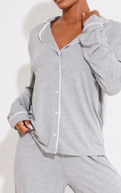Grey Jersey Piping Detail Long PJ Set