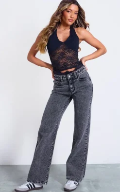 Grey Lace Waistband High Waist Straight Leg Jeans