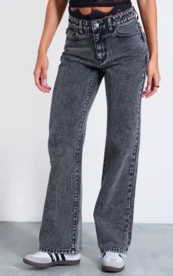 Grey Lace Waistband High Waist Straight Leg Jeans