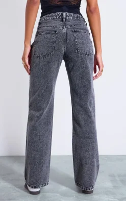 Grey Lace Waistband High Waist Straight Leg Jeans