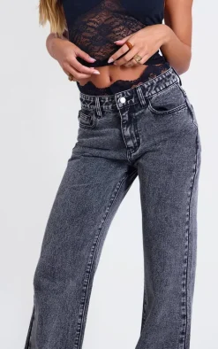 Grey Lace Waistband High Waist Straight Leg Jeans