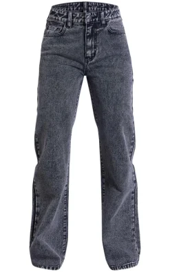 Grey Lace Waistband High Waist Straight Leg Jeans