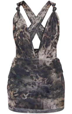 Leopard Double Layer Slinky Mesh Panel Bodycon Dress-PrettyLittleThing New